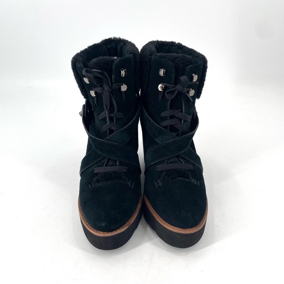 COACH Kenna Shearling Suede Black Buckle Leather Wedge Ankle Platform Boot - Picture 4 of 8
